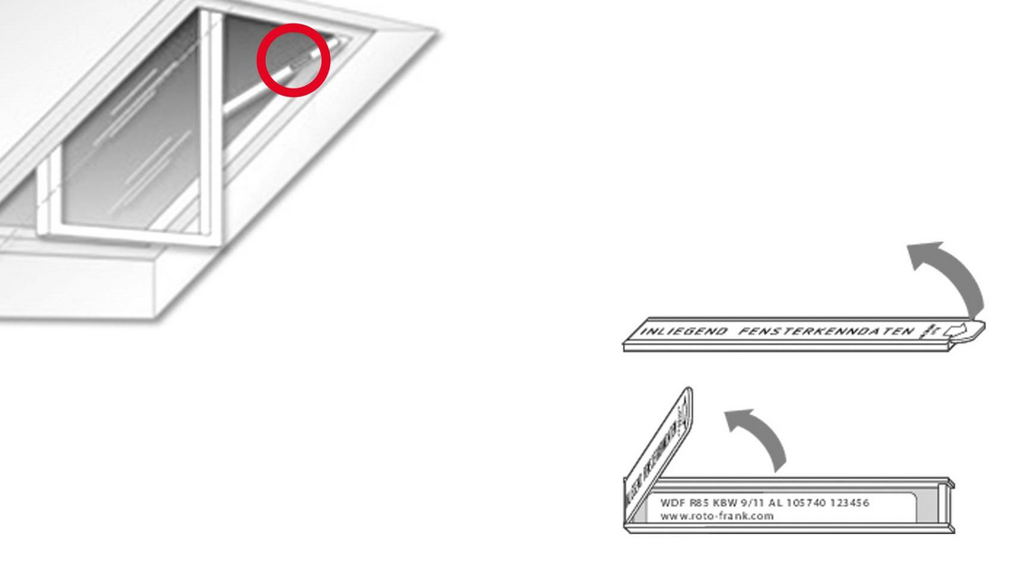 Graphique pour l'emplacement de la plaque signalétique sur la fenêtre de toit Designo R7